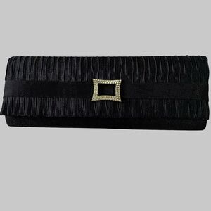 Bijoux Terner Black Satin Sheen Silver Rhinestone Elegant Evening Party Clutch.